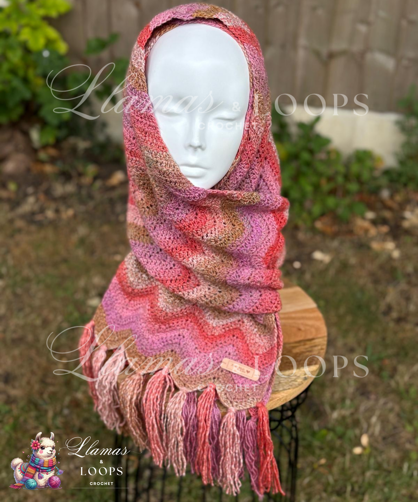 Blush Canyon Waves Crochet Scarf – Pink, Light red, and Light brown