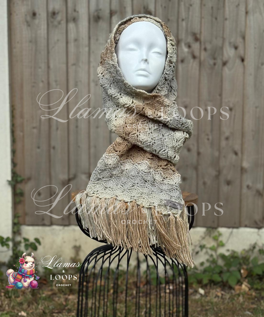 Winter Latte Crochet Shell Stitch Scarf – Light Grey, Cream & Light Brown
