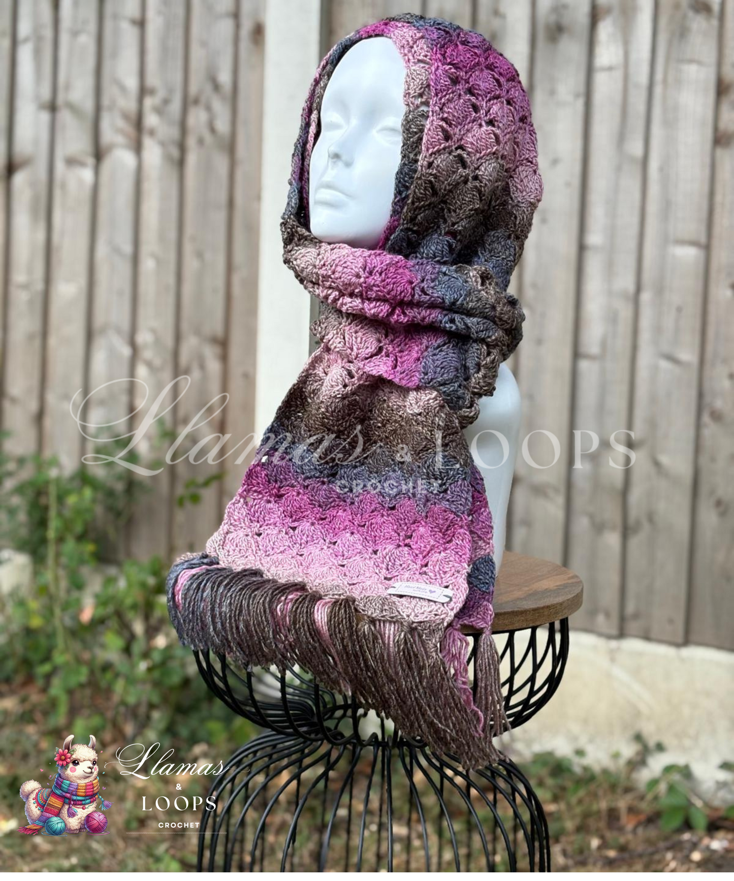 Plum Twilight Ombre Crochet Shell Stitch Scarf – Purple, Pink, Brown and Grey.