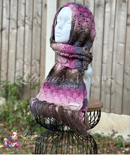 Plum Twilight Ombre Crochet Shell Stitch Scarf – Purple, Pink, Brown and Grey.