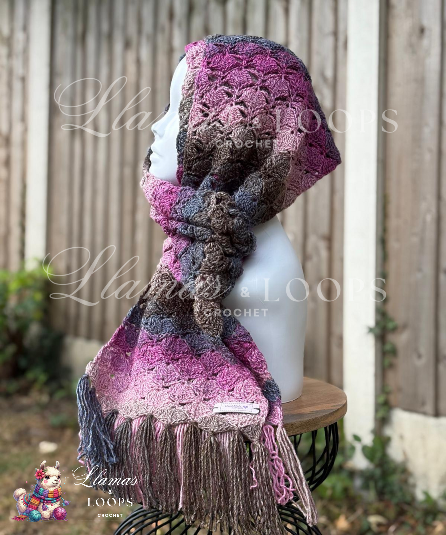 Plum Twilight Ombre Crochet Shell Stitch Scarf – Purple, Pink, Brown and Grey.