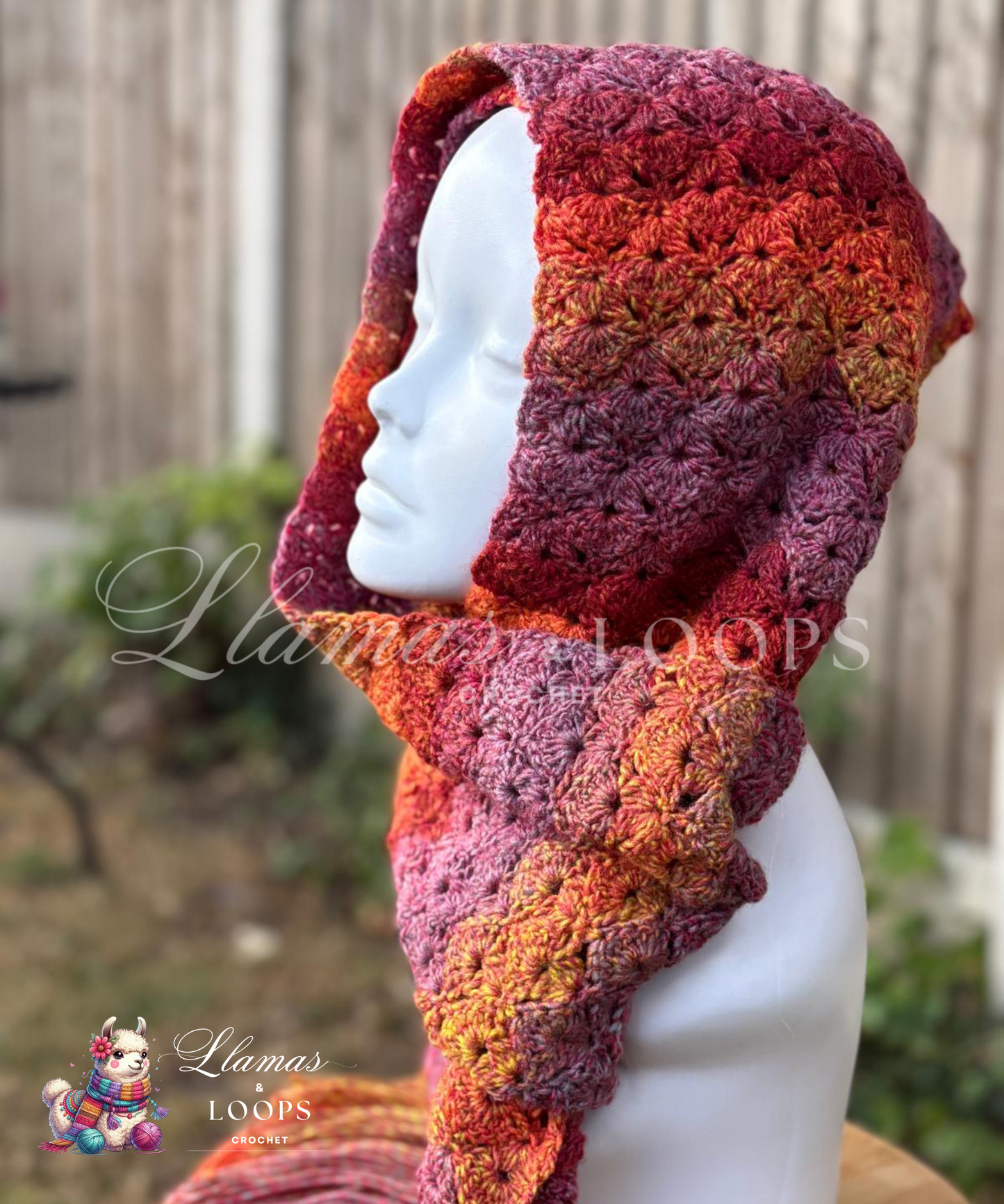 The Sunset Crochet Shell Stitch Scarf – Orange, Yellow, and Red.