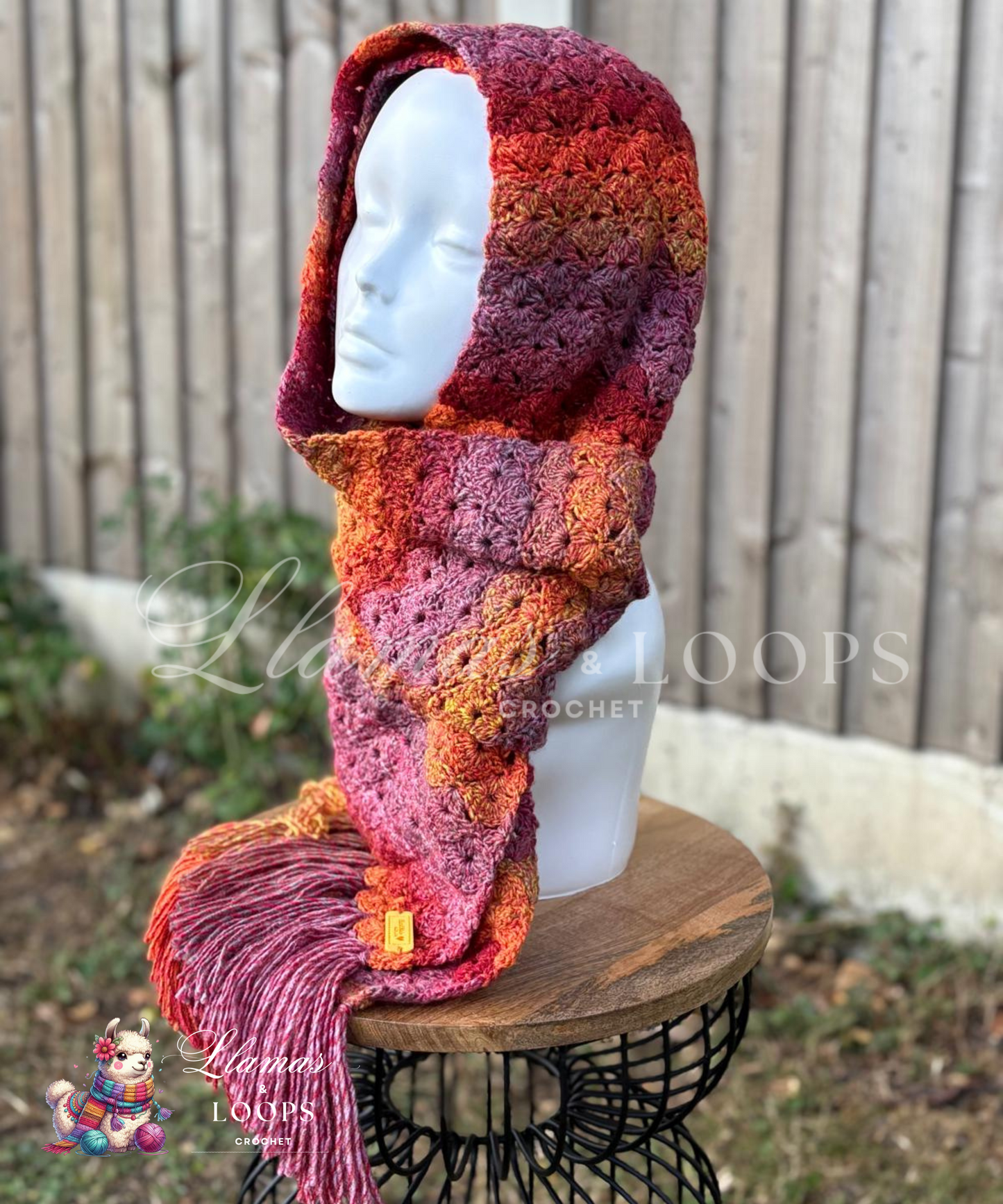 The Sunset Crochet Shell Stitch Scarf – Orange, Yellow, and Red.