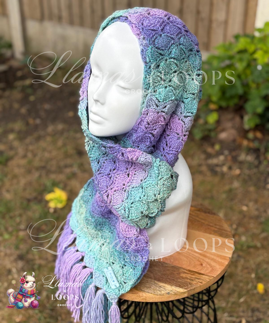Ocean Blossom Crochet Shell Stitch Scarf – Turquoise, Lilac, Pink and Light Green