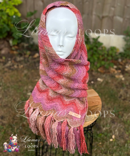 Blush Canyon Waves Crochet Scarf – Pink, Light red, and Light brown