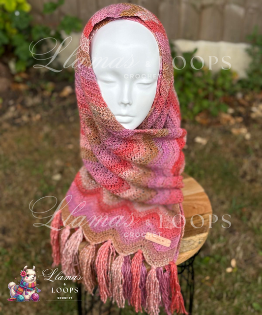 Blush Canyon Waves Crochet Scarf – Pink, Light red, and Light brown
