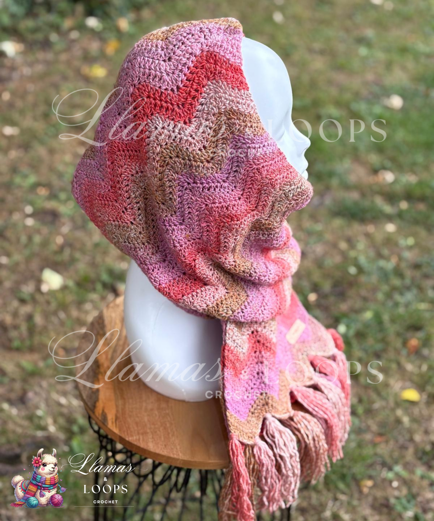 Blush Canyon Waves Crochet Scarf – Pink, Light red, and Light brown