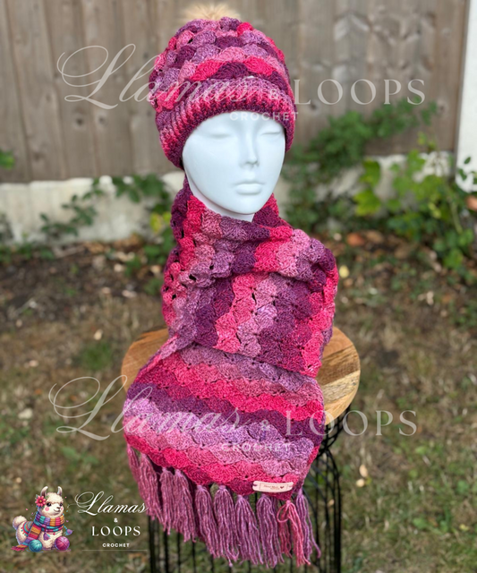 Berry Whirl Shell Set - (Scarf + Bobbie Hat)  Rich red, Royal purple, Soft lilac, and Pinkish hues.