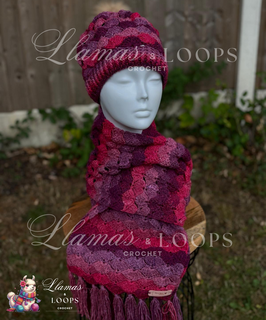 Berry Whirl Shell Set - (Scarf + Bobbie Hat)  Rich red, Royal purple, Soft lilac, and Pinkish hues.