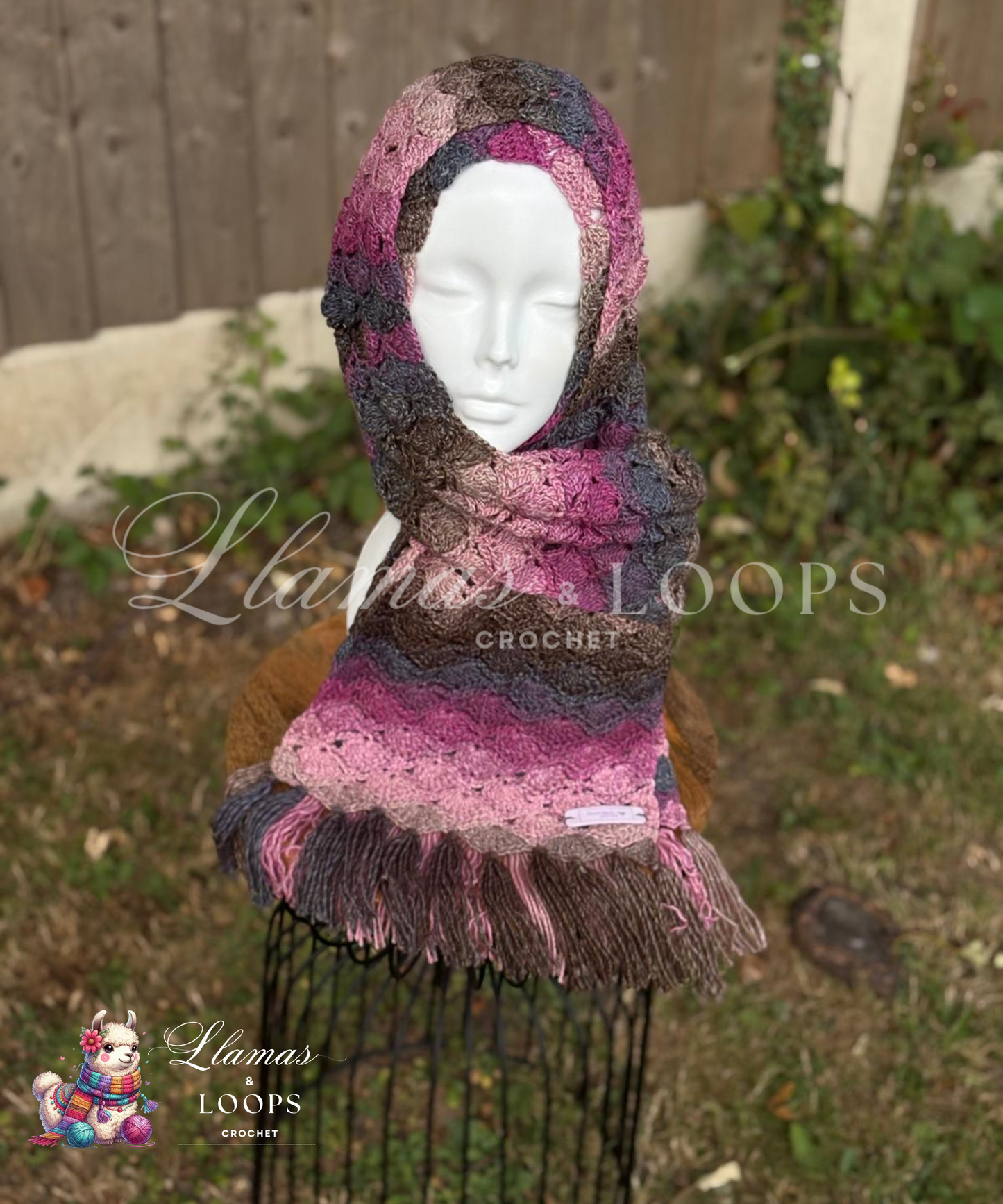 Plum Twilight Ombre Crochet Shell Stitch Scarf – Purple, Pink, Brown and Grey.