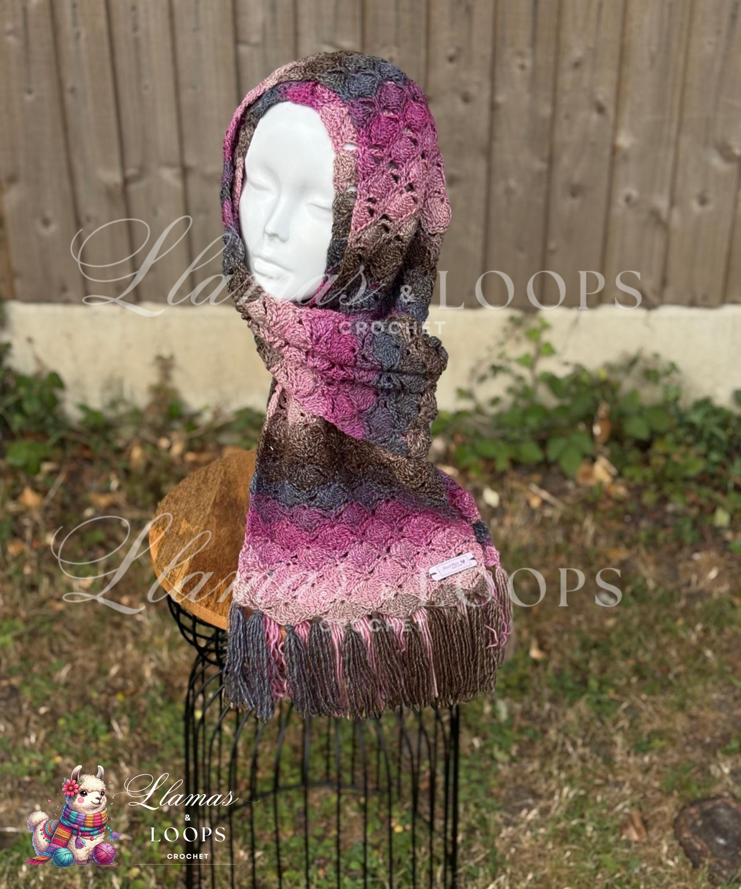 Plum Twilight Ombre Crochet Shell Stitch Scarf – Purple, Pink, Brown and Grey.