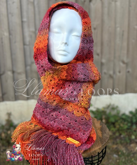 The Sunset Crochet Shell Stitch Scarf – Orange, Yellow, and Red.