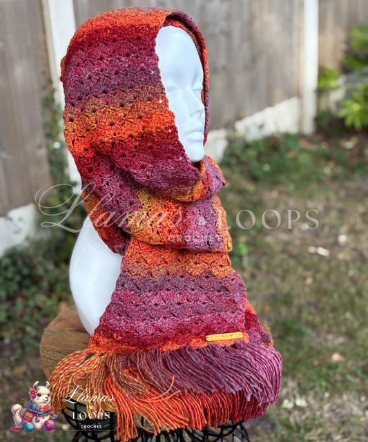 The Sunset Crochet Shell Stitch Scarf – Orange, Yellow, and Red.