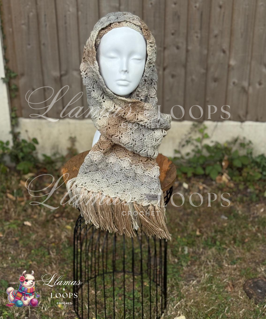 Winter Latte Crochet Shell Stitch Scarf – Light Grey, Cream & Light Brown