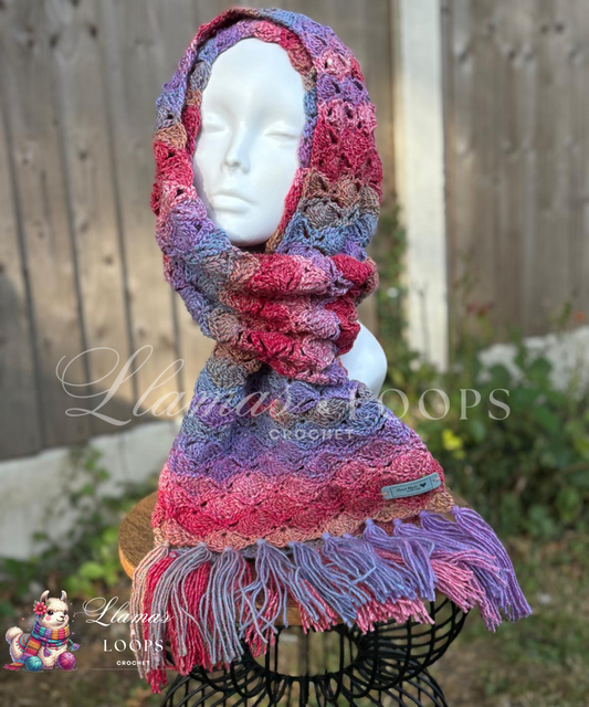 Painted Breeze Crochet Shell Stitch Scarf – Light Blue, Purple, Red and Light Brown