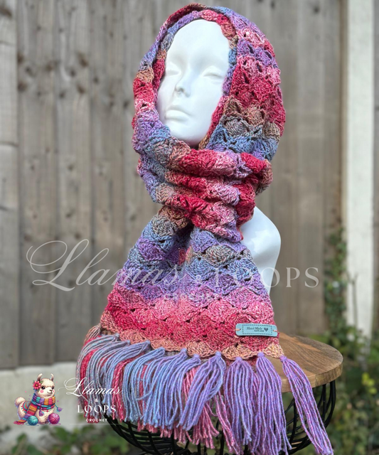 Painted Breeze Crochet Shell Stitch Scarf – Light Blue, Purple, Red and Light Brown