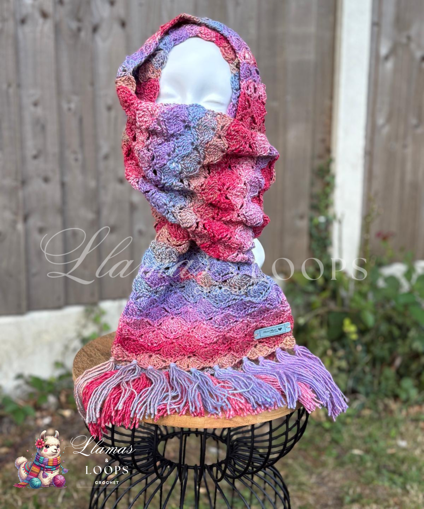 Painted Breeze Crochet Shell Stitch Scarf – Light Blue, Purple, Red and Light Brown