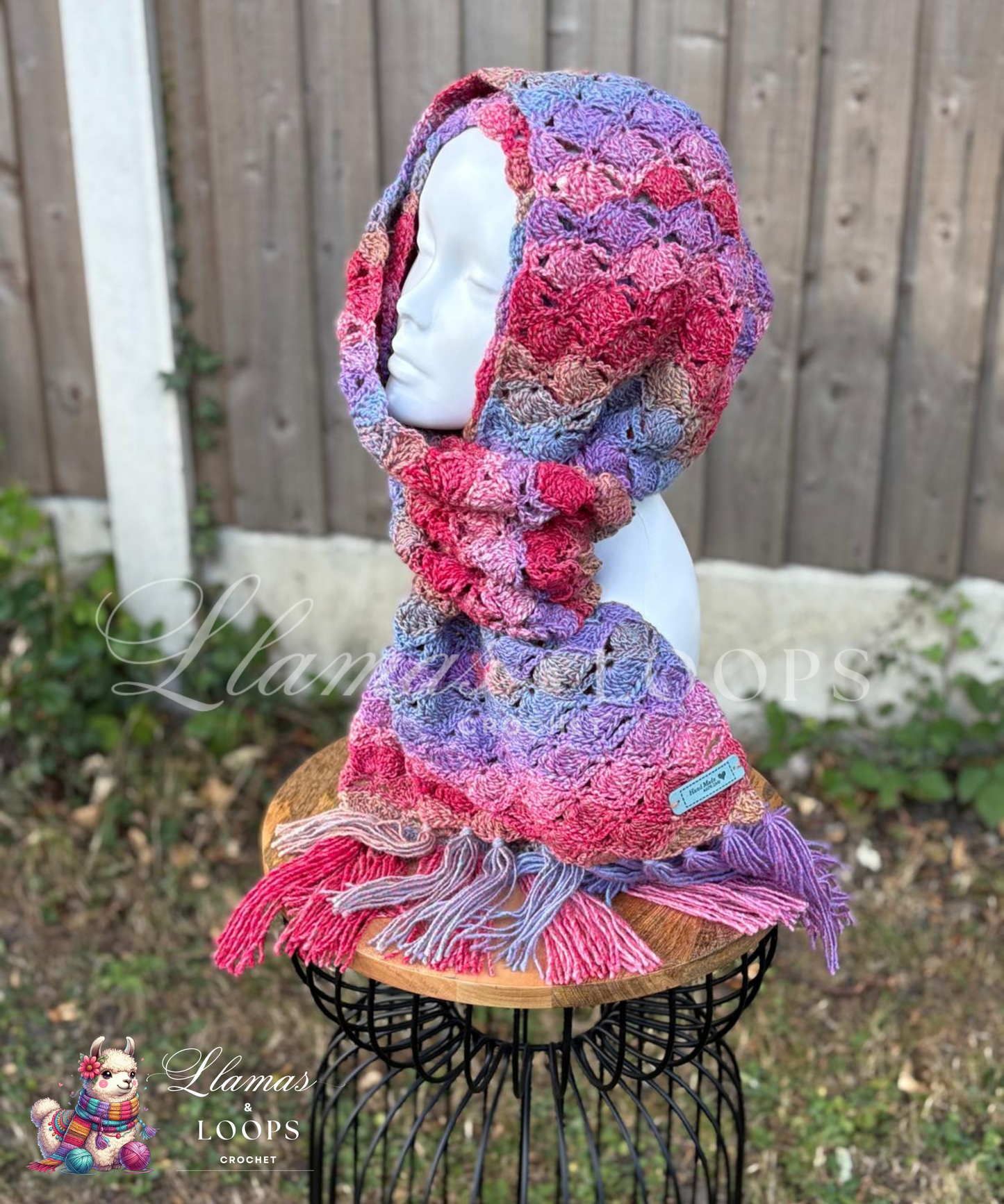 Painted Breeze Crochet Shell Stitch Scarf – Light Blue, Purple, Red and Light Brown