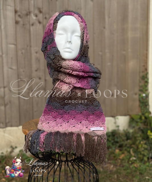 Plum Twilight Ombre Crochet Shell Stitch Scarf – Purple, Pink, Brown and Grey.